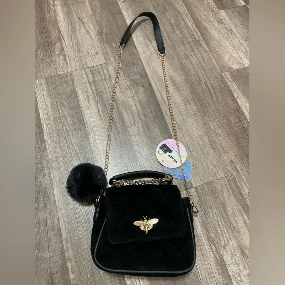 Black velvet crossbody clutch bag bee luxury formal prom wedding chain strap